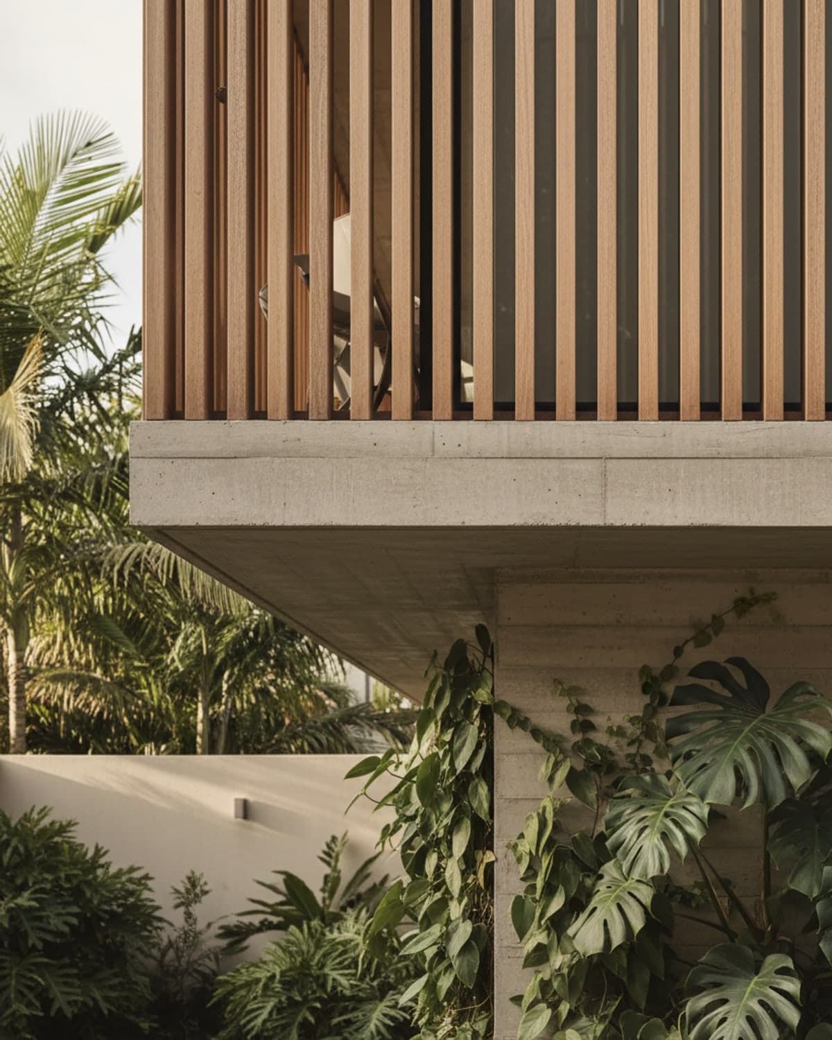Detail of a modern Australian home — timber battens and off-form concrete amid subtropical greenery