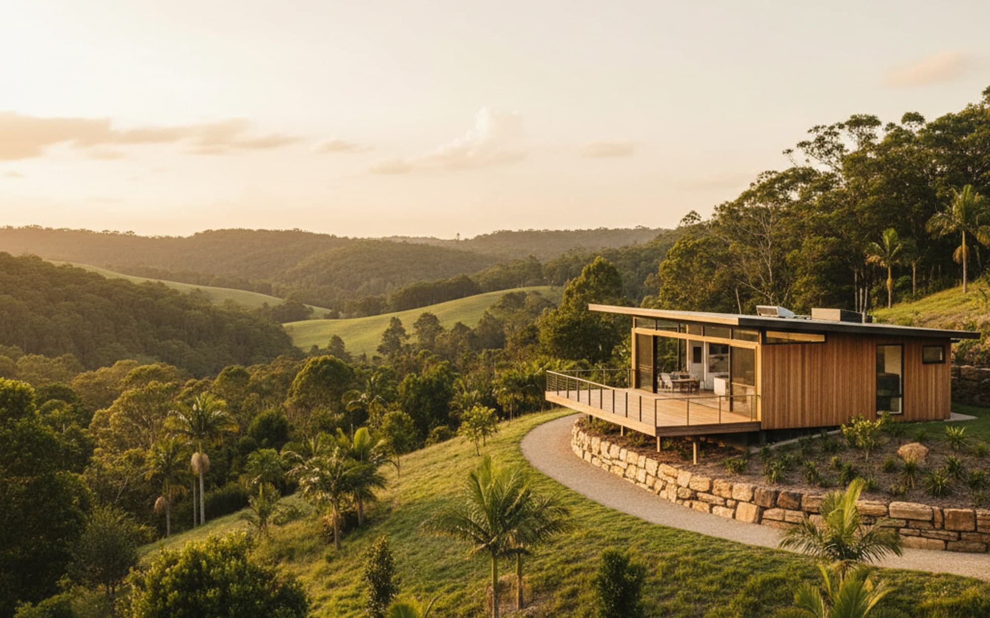 A contemporary home set into the lush Northern Rivers landscape at golden hour